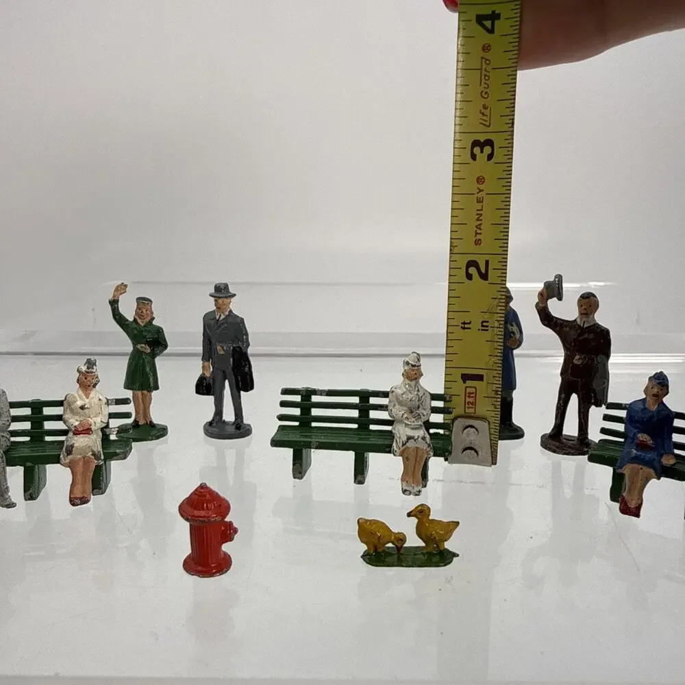 16 Barclay Manoil Painted Lead Traveler Figurines, Benches, Mailbox, Trash, Duck